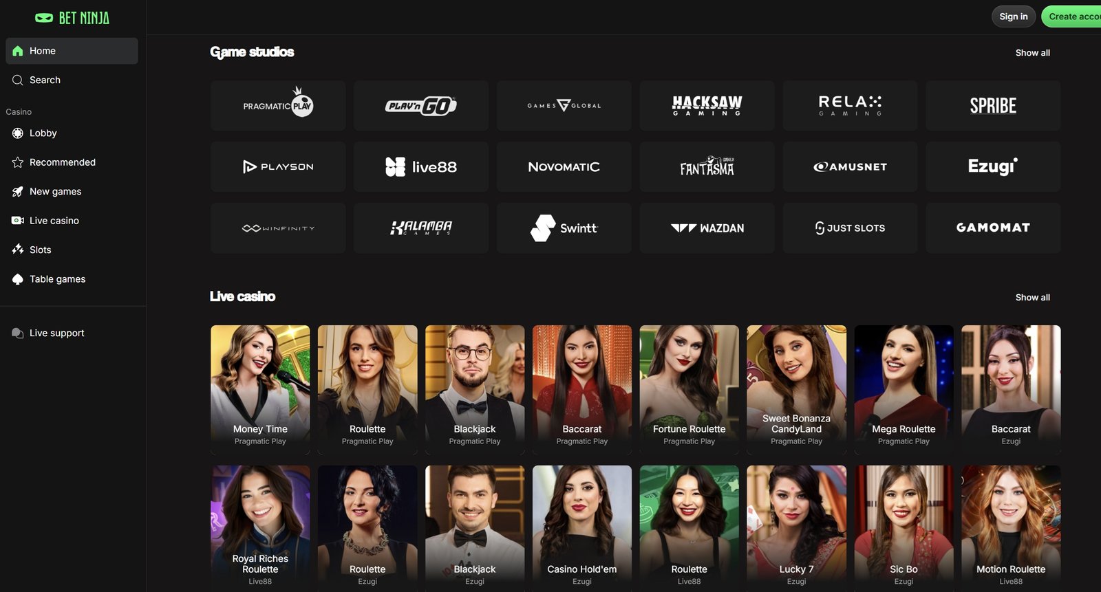 BetNinja Casino Live Games Screenshot