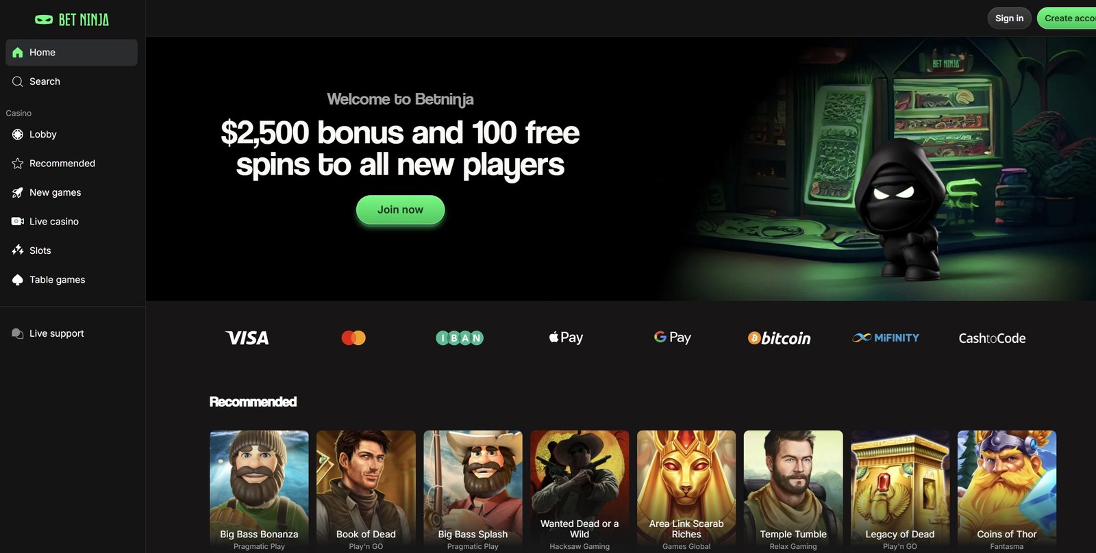 BetNinja Casino Game Selection Screenshot