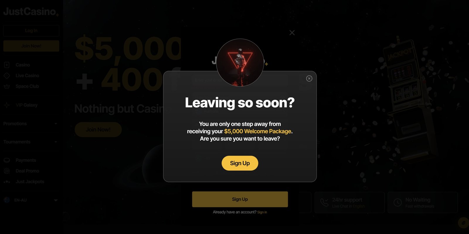 Just Casino Welcome Bonus Package