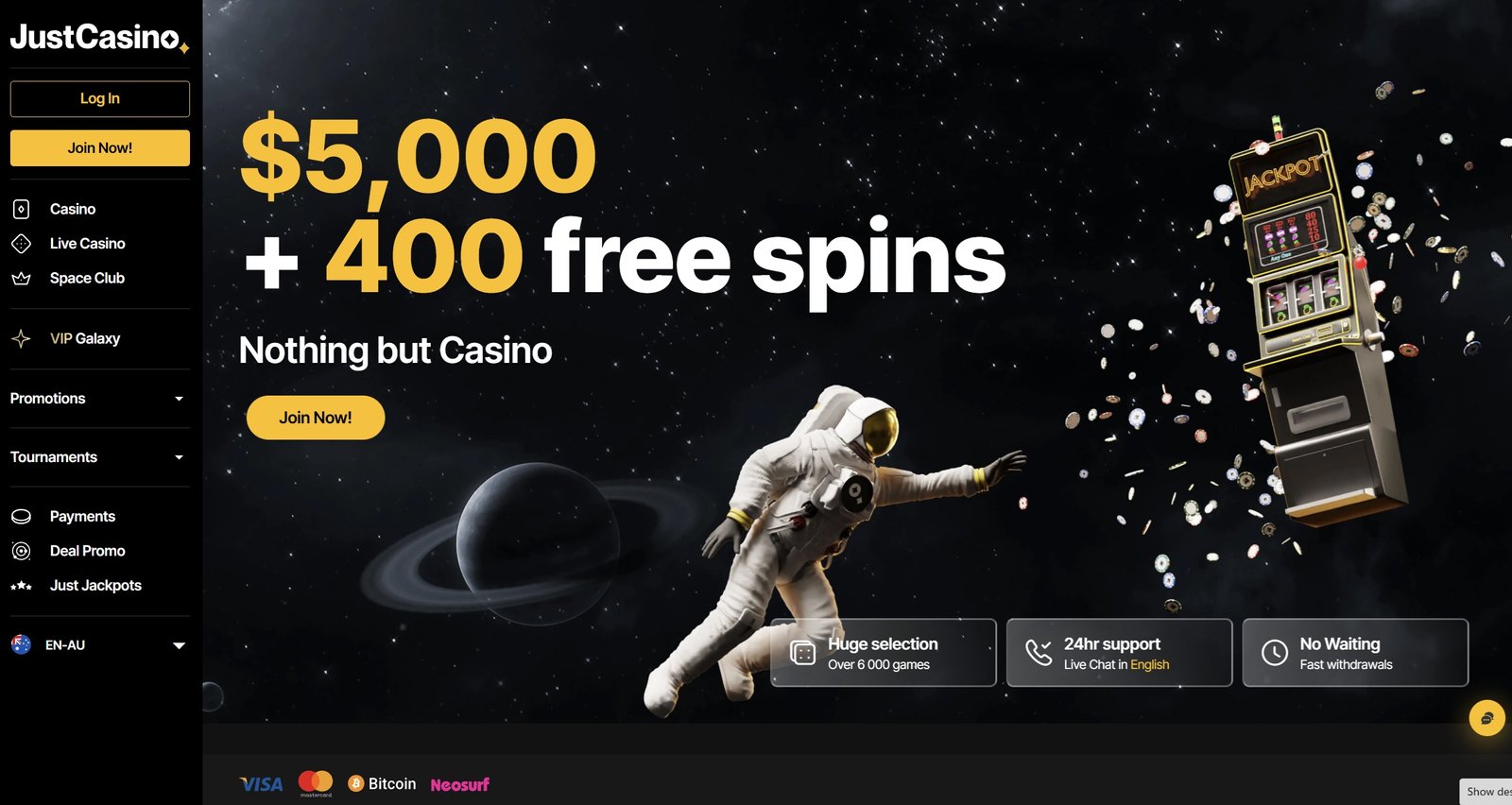 Just Casino Game Selection Screenshot