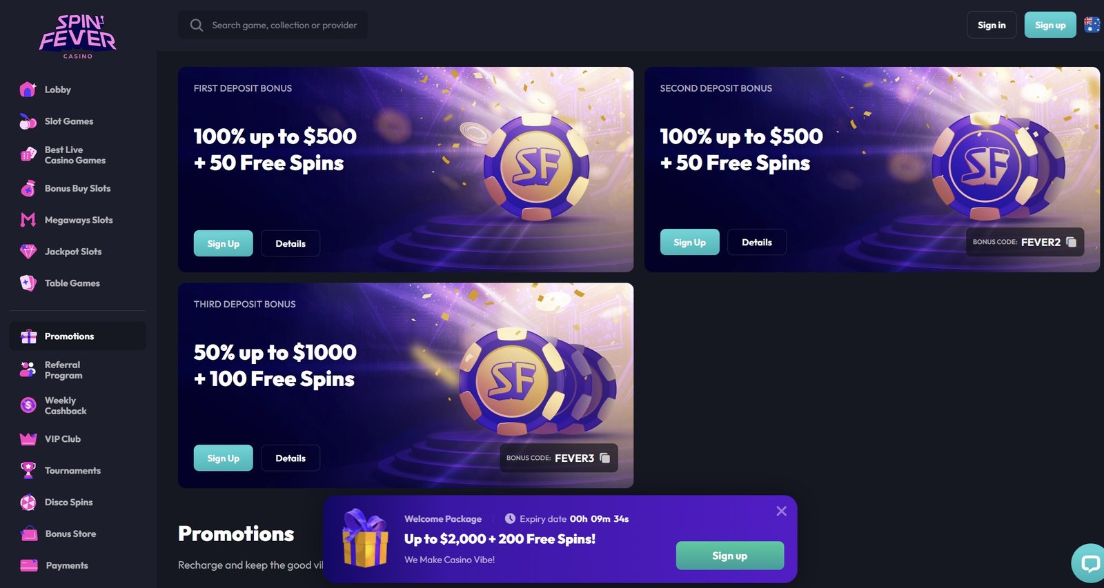 Spin Fever Casino Bonus Screenshot