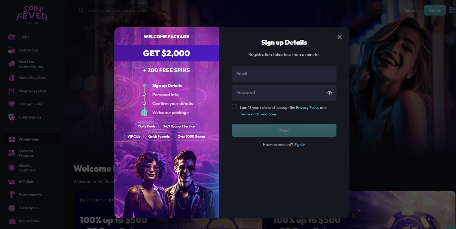 Spin Fever Casino Game Selection Screenshot